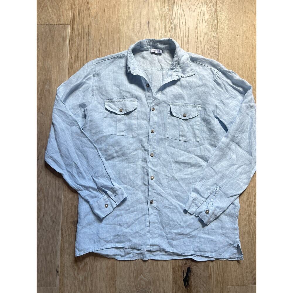 Puro Lino Dress Shirt Mens Blue 100% Airy Linen Vacation Button Up Made In Italy